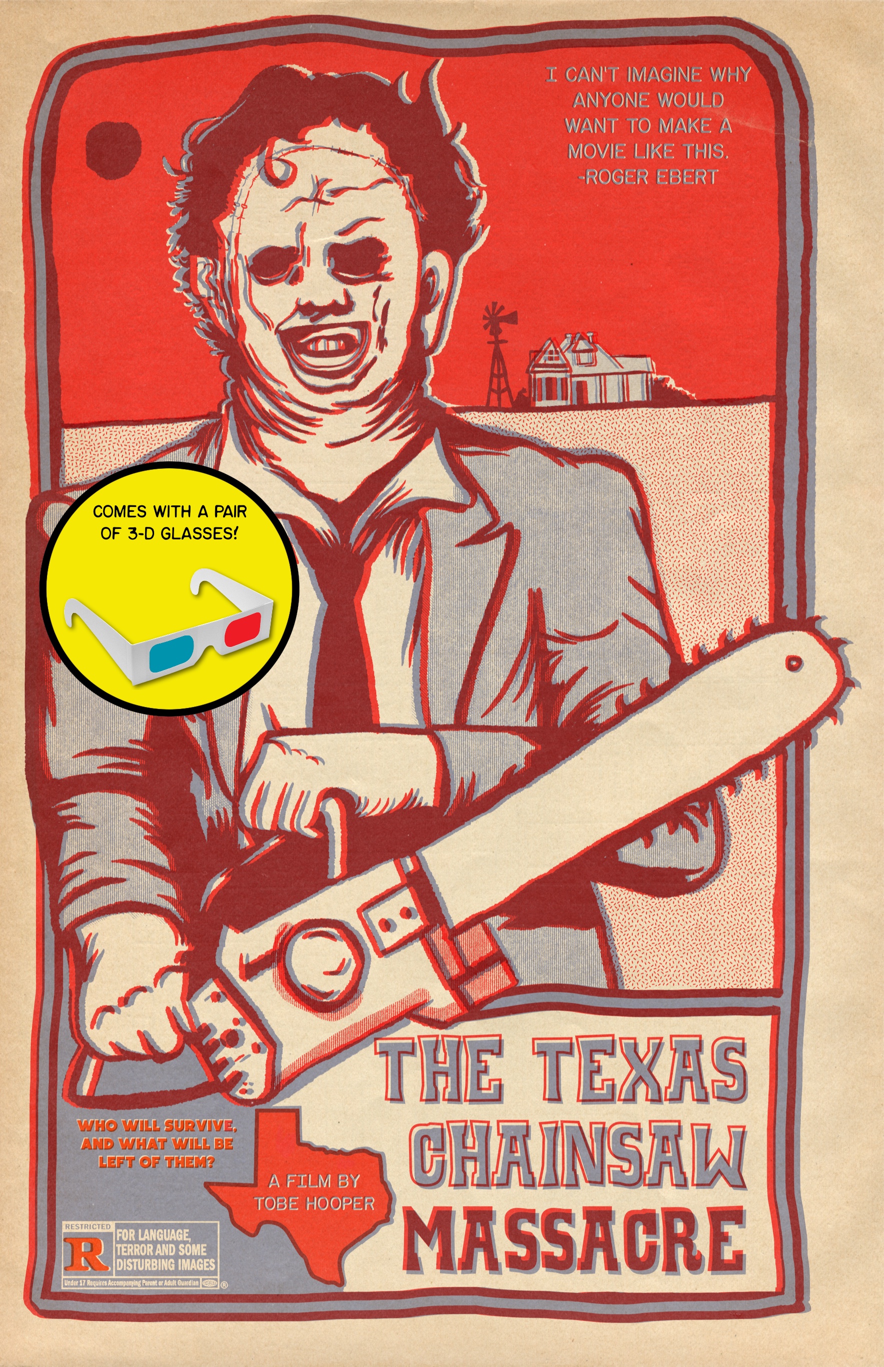 Texas Chainsaw Massacre horror art print with 3-D glasses by Adam Cherry — 11x17
